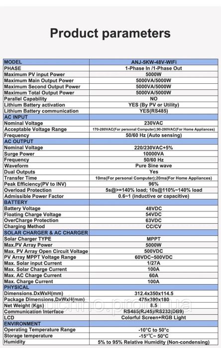 Гібридный інвертор Anenji 5000 Вт 48V Wi-Fi