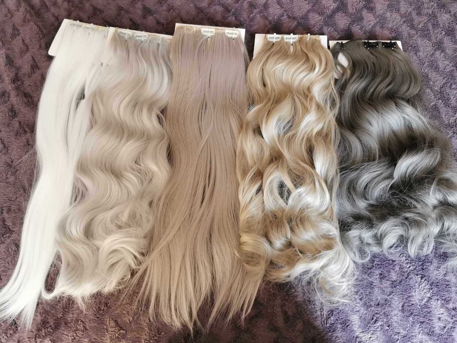 Doczepiane włosy clip in 65 cm srebrny blond fale