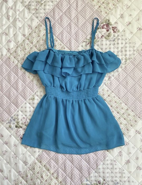 Niebieski top na ramiączka S 36 H&M mesh falbanki 00s
