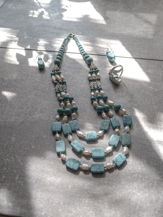 Винтажный набор, ожерелье серьги кольцо цвет бирюза