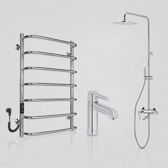 Комплект для ванної Qtap Grand Chrome + Sunny Polished | Душова система 3-в-1 з виливом + змішувач для раковини + електрична рушникосушарка