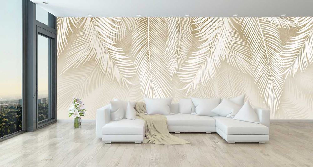 Fototapeta 3d LIŚCIE PALMY Winylowa w odcieniach beżu 350x256 cm