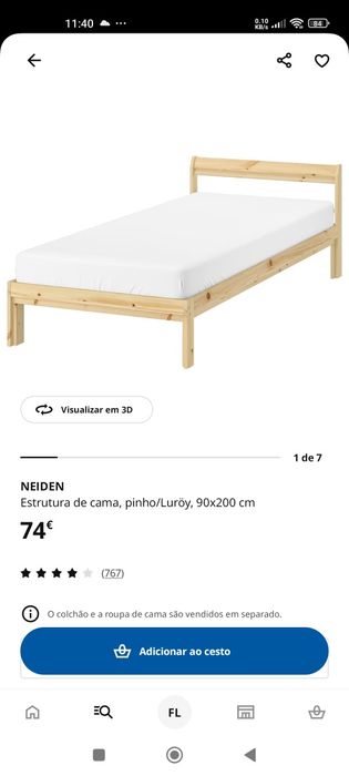 Cama de Solteiro IKEA NEIDEN + Estrado – Excelente Estado