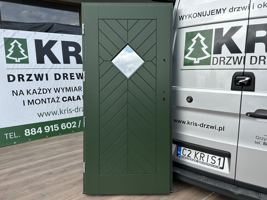 Drzwi zewnętrzne drewniane Zielone ral 6020 Montaż cala Polska i Ue