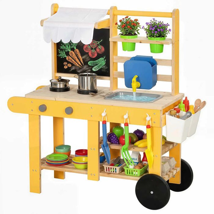Cozinha Infantil Exterior de Madeira com Rodas Água Real Vasos Quadro e 15 Acessórios amarelo