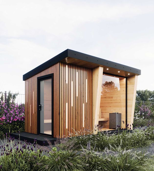 Nowoczesna sauna ogrodowa S1 DELUXE, Modrzew, sucha, zewnętrzna