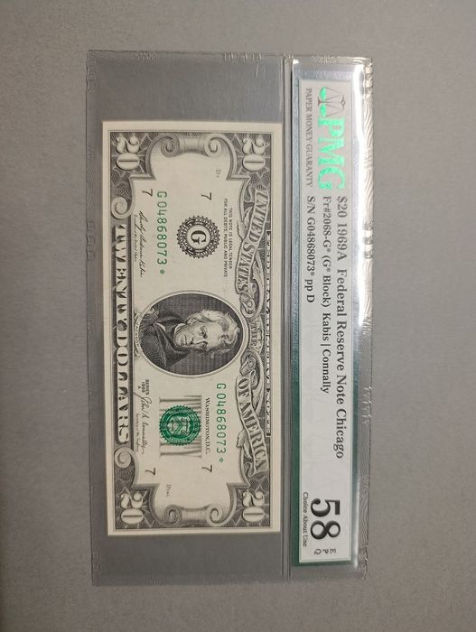 USA 20 $ 1969 Chicago** Seria ZASTĘPCZA PMG 58 EPQ _UNIKAT RZADK