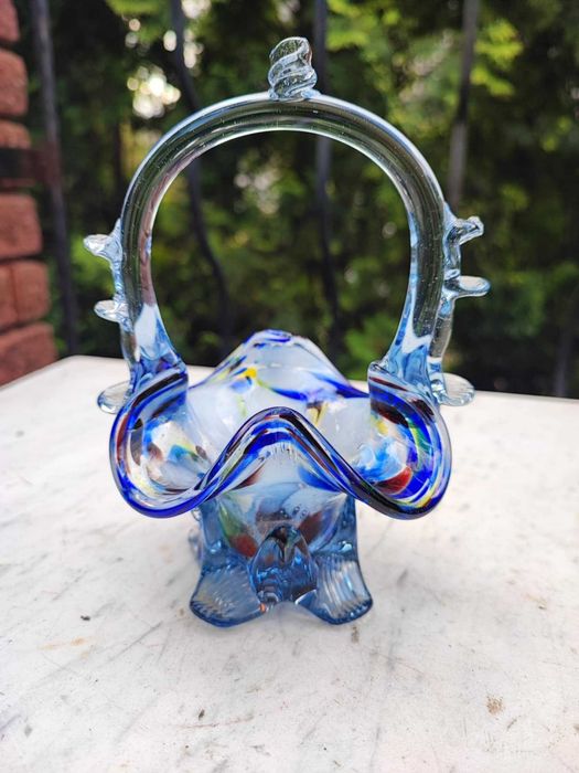 Kolorowy szklany koszyk z huty Ząbkowice,lata 70