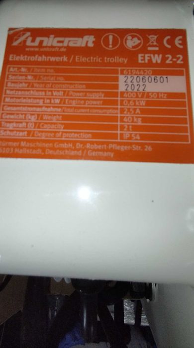 Guincho elétrico - COMO NOVO - 2 Velocidades EFW2-2 Capacidade p 2 Ton