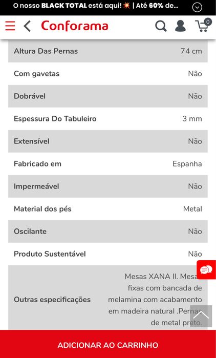 Mesa de cozinha/sala de jantar fixa Xana