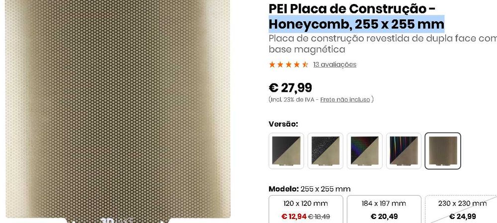 Placa PEI para impressão 3D com padrão de favo de mel, 255 x 255 mm. MARCA 3DJAKE.