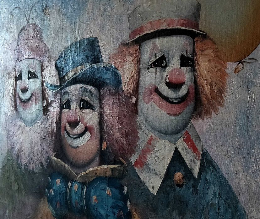 Pintura a óleo sobre tela vintage de William Moninet - Palhaços