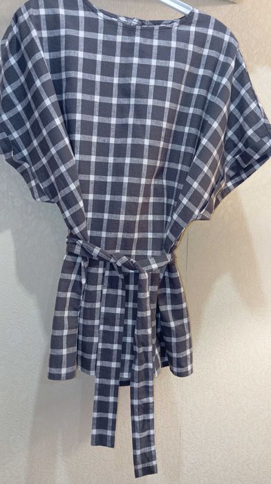 Стильна блуза кімоно ZARA у клітинку, розмір XL, льон