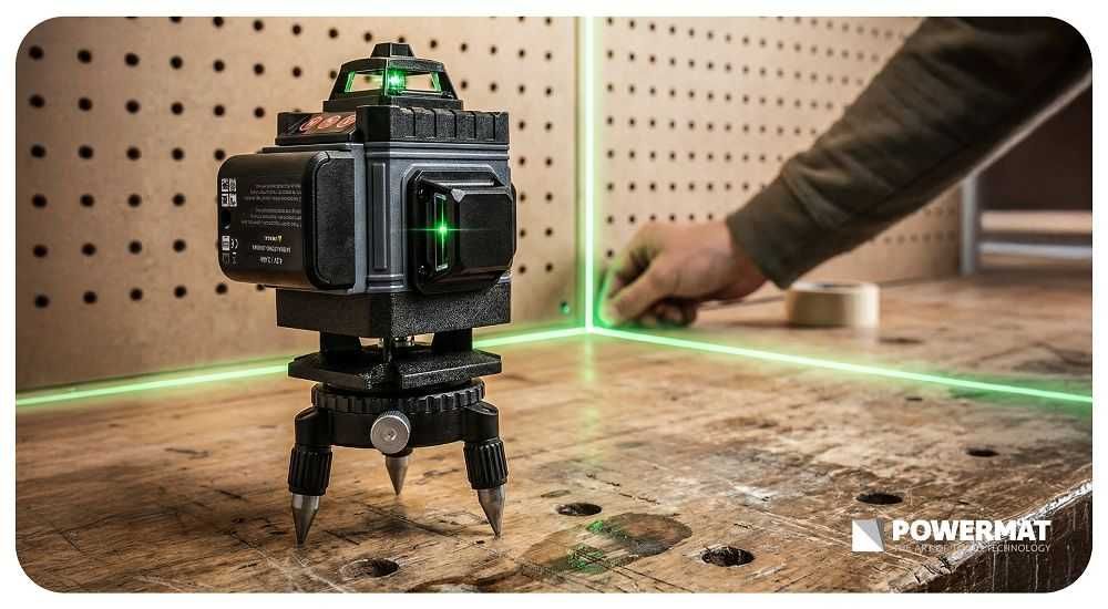 POWERMAT Poziomica Laserowa Laser Krzyżowy Zielony 360°16 Linii PM1492