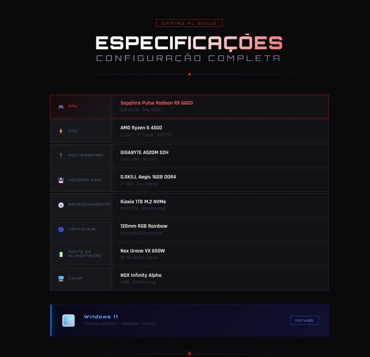 PC Gaming *NOVO* | RX 6600 | Ryzen 5 | 1TB M.2 | 16GB RAM | Windows 11