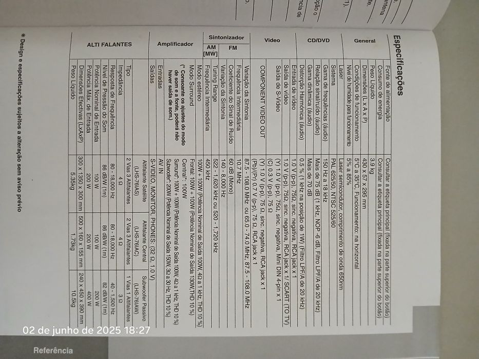 Leitor de DVD /Cinema em casa LG.5.1. LH-T760-IA.