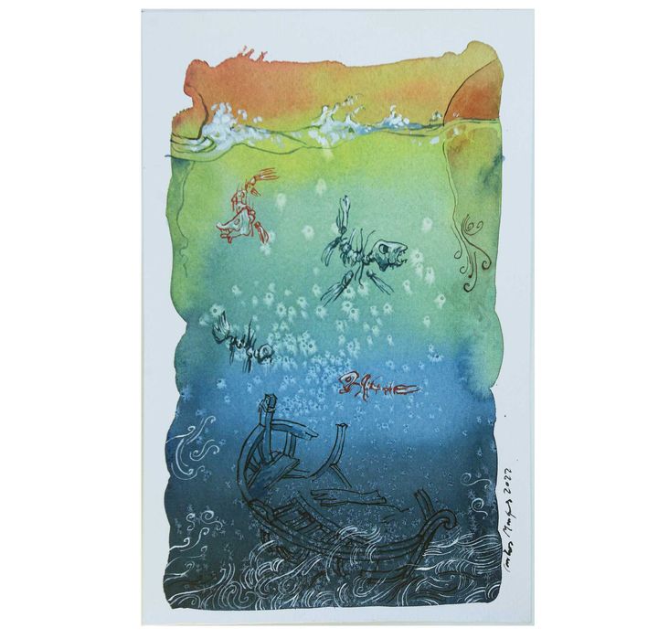 Aguarela original de Carlos Marques. Fantasia, surreal, Naufrágio