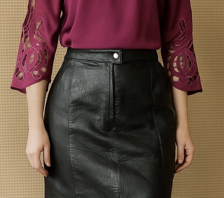 Блузка ришелье + черная кожаная юбка