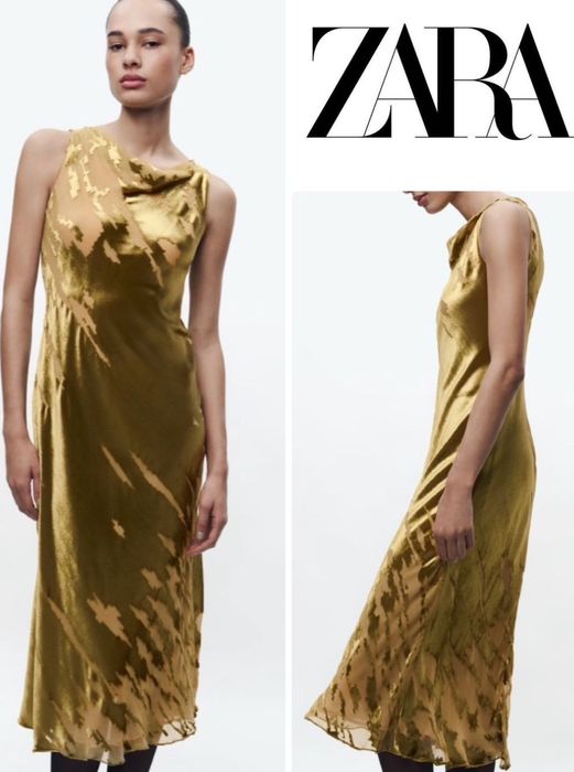 Zara ZW COLLECTION aksamitna sukienka Średniej długość ZŁOTY kolor S