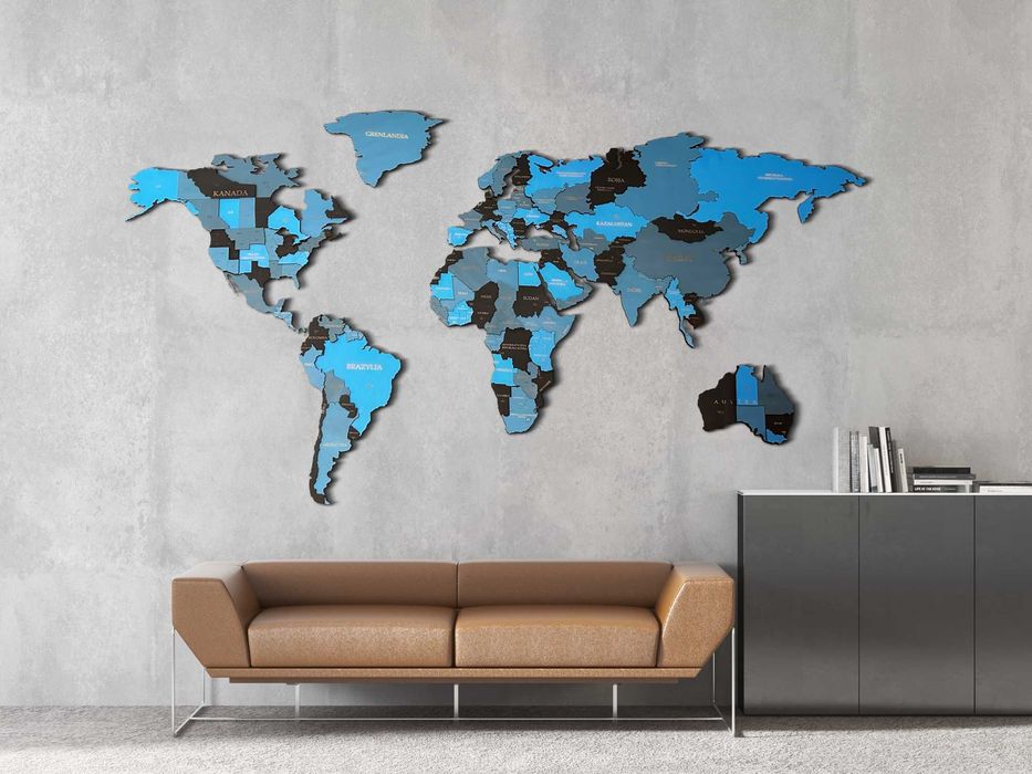 Mapa Świata 3D 150x90cm czarny, niebieski, prezent