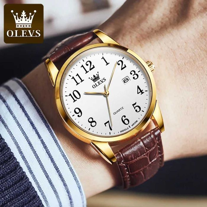 Klasyczny zegarek kwarcowy Olevs 39mm złoty biała tarcza pasek brązowy