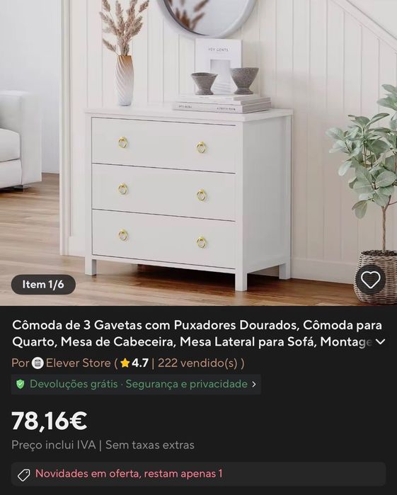 Cômoda com 3 gavetas - NOVA