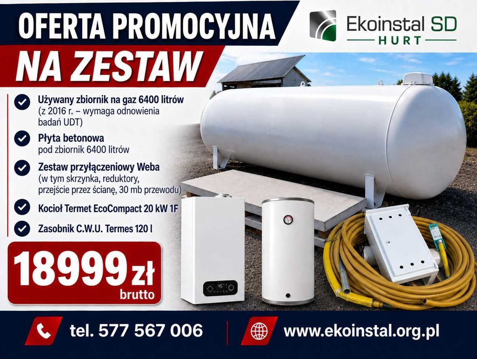 Zbiornik na gaz 6400 l używany + płyta betonowa + przyłącze Weba + Kocioł Termet 20 kW + CWU 120 l
