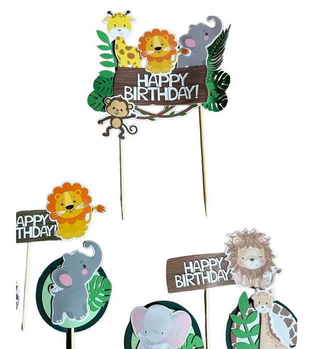 Ozdoby Zestaw Urodzinowy Dekoracja Tort Topper Dżungla+GRATIS kod1292