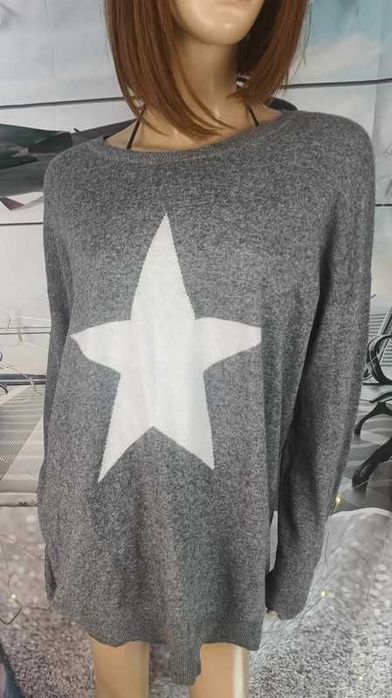 Sweter damski długi szary z białą gwiazdą, Vero Moda M