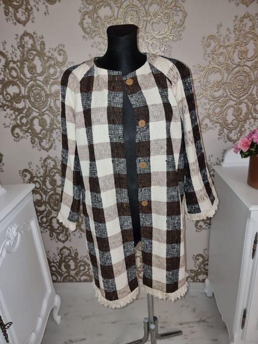 Bawełniany płaszcz trencz  Max Mara w kratę frędzle r 44