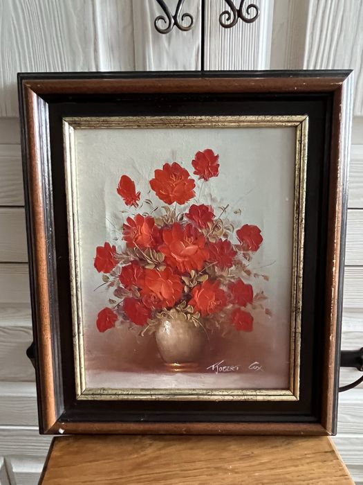 Obraz olejny na płótnie – bukiet czerwonych róż, sygn. Robert Cox
