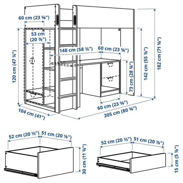 IKEA Łóżko na antresoli z szafą i biurkiem Ikea smastad