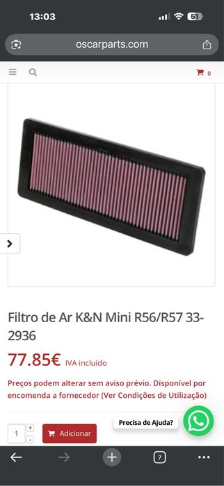Filtro ar kn mini cooper S r53/56 218 cv