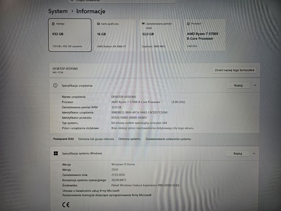 Zestaw komputerowy RX9060XT 16gb/R7 5700x/32gb 3200/Msi B550 Gaming Plus