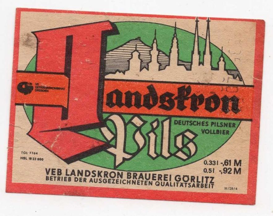 Etykieta NRD Browar Landskron Görlitz Piwo Landskron Pils Lata 70. PRL