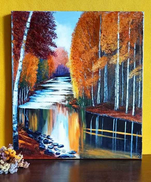 Картина маслом холст Багряная Золотая Осень Река Небо Пейзаж