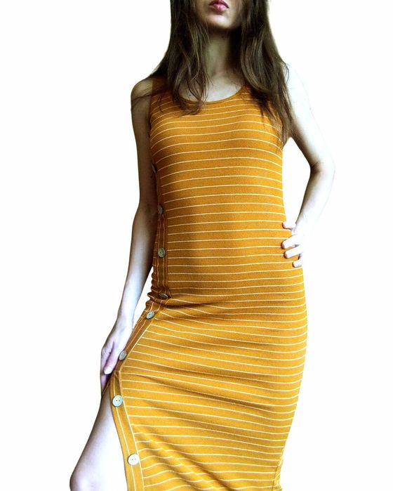 Смугаста сукня міді з розрізом !