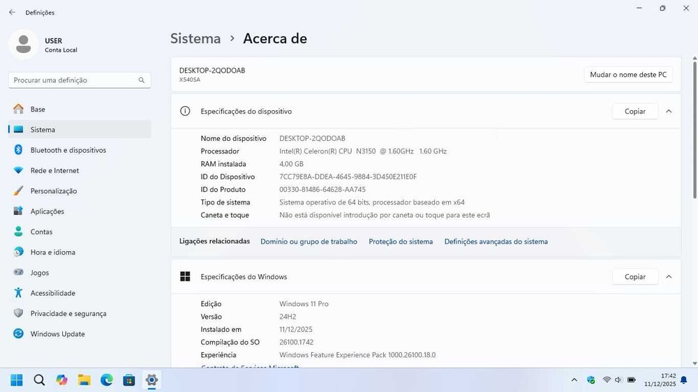Portátil ASUS A540S, 15.6", 4GB RAM, 128GB SSD, bom estado, W11 PRO