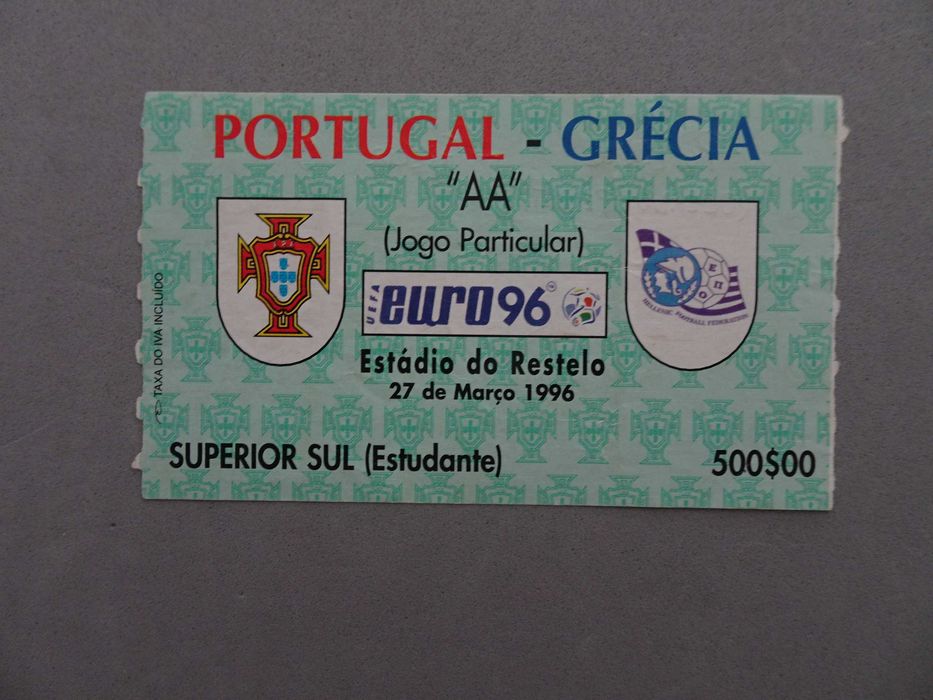 Bilhete Futebol Portugal Grécia Euro 96 Estádio Restelo Março 1996