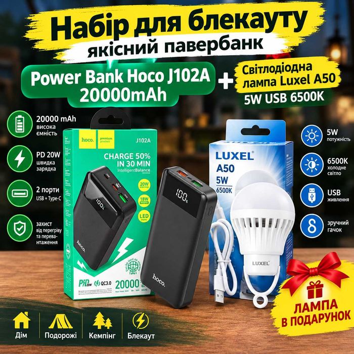 Набір для блекауту: Павербанк Hoco J102A 20000 мАг + LED-лампа Luxel  5W USB у подарунок