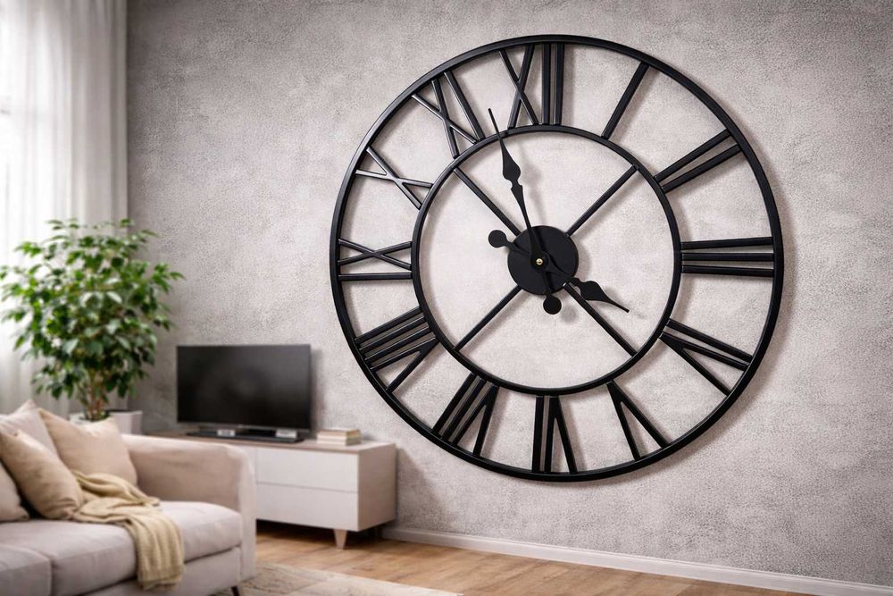Zegar rzymski vintage retro loftowy czarny metalowy ścienny loft 50 cm