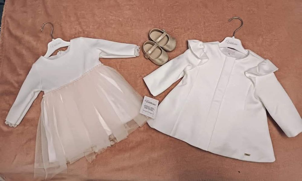 Komplet do chrztu sukienka, płaszczyk, buciki