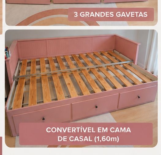 Cama individual extensível com 3 gavetas – Converte em cama de casal (1,60 m)