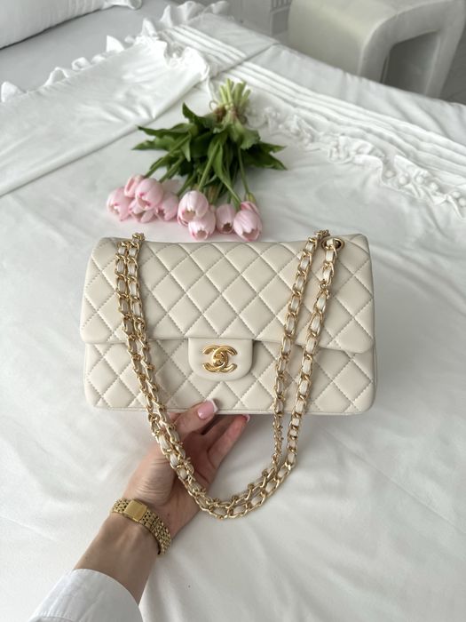 Сумка Chanel Beige бежева | фурнітура срібна, біле/звичайне золото