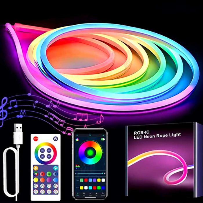 Гнучка неонова стрічка USB 5м, з Bluetooth + пульт, SFK-11, Rgb / Світлодіодна стрічка-труба з керуванням телефоном