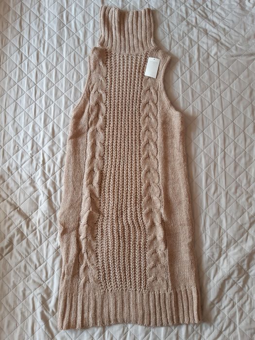 Dzianinowa sukienka, bezrękawnik, tunika, golf beżowa, L NOWA z metką,