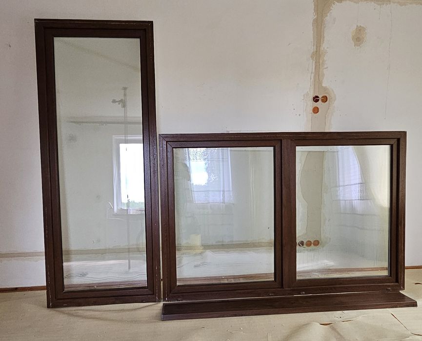 Okno 205x135 okna drzwi  balkonowe 89x223 kolor orzech Parapet zewnetrzny ZESTAW