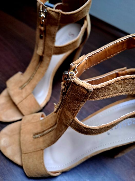 Sandały zamsz słupek camel 37 karmel sexy