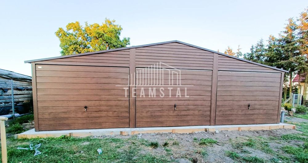 GARAŻ BLASZANY 9m x 6m - dwuspad 3x Brama ciemny orzech TS258  9x6