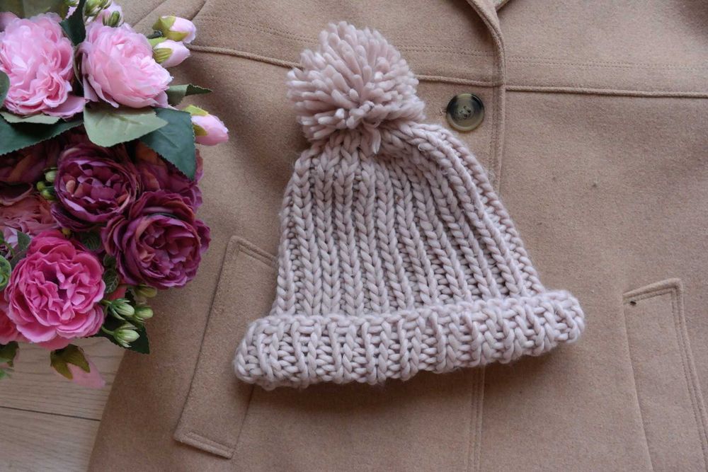 ciepła/zimowa wełniana beżowa czapka~ gruby splot